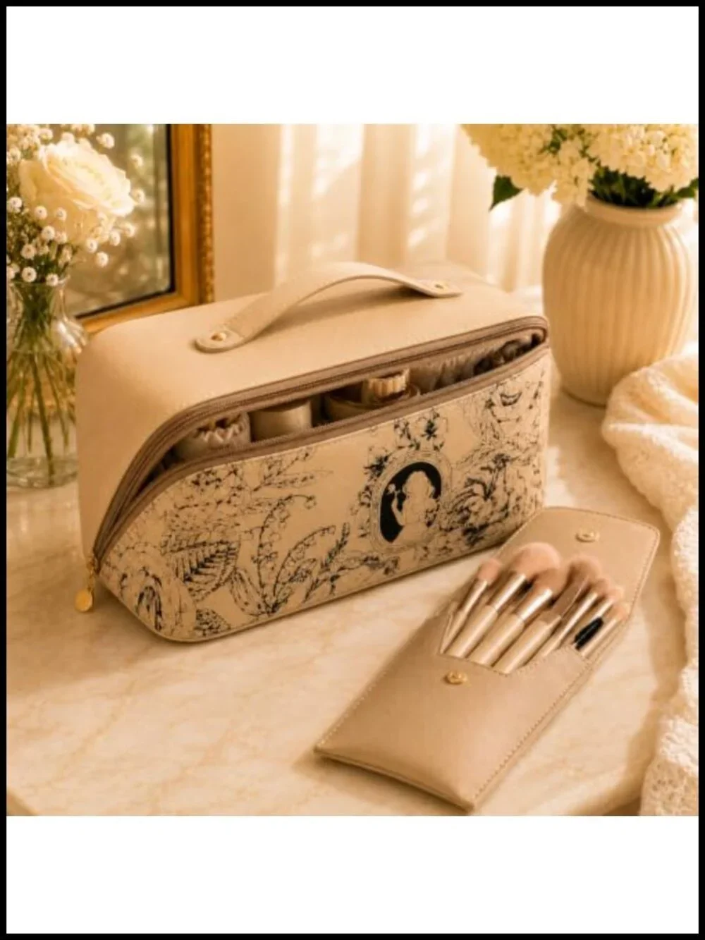 Large Capacity Waterproof PU Leather Travel Makeup Bag with Brush Pouch